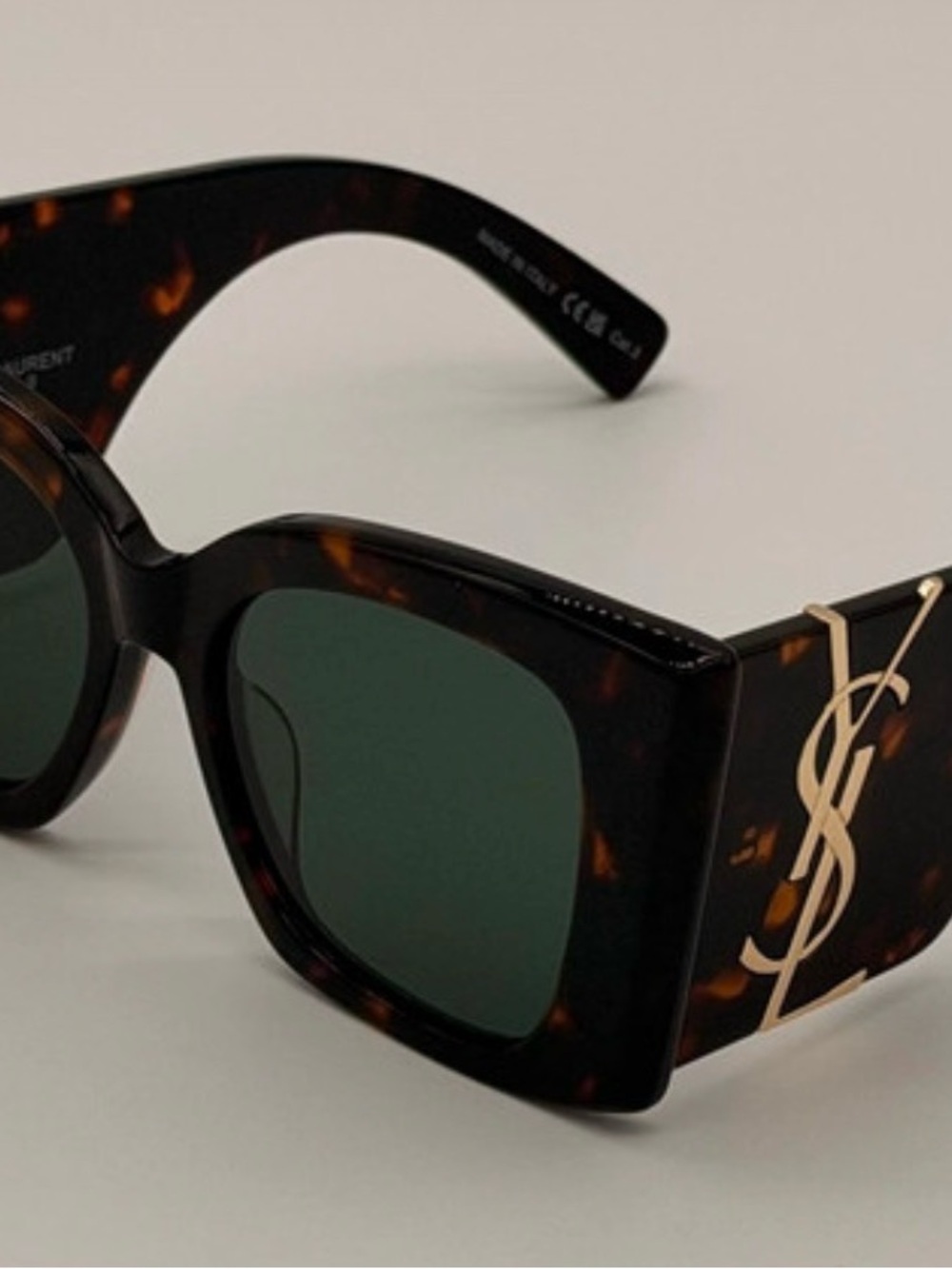 Saint Laurent Tortoiseshell Square Sunglasses with Green Lenses